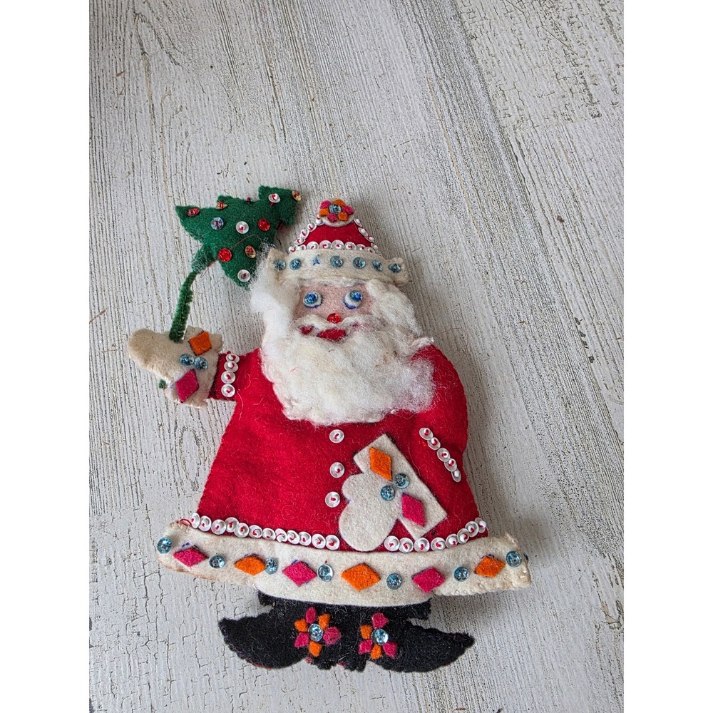 Vintage Jewel rhinestone sequin Santa felt ornament large Xmas tree